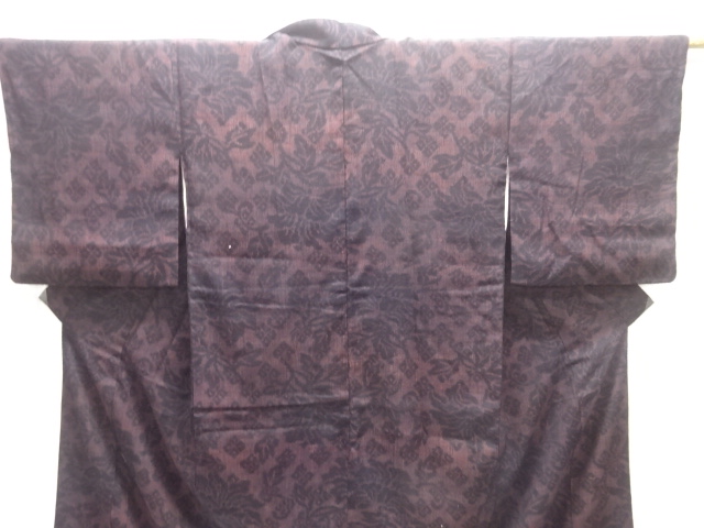  アンティーク　牡丹模様織出し手織り真綿小千谷紬着物